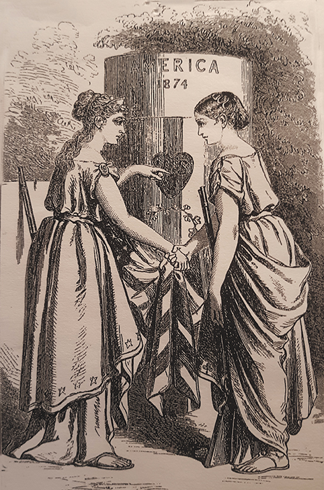 Hibernia (Latin for Ireland) and Liberty meet in this New York Herald illustration on the occasion of the 1874 International Match.